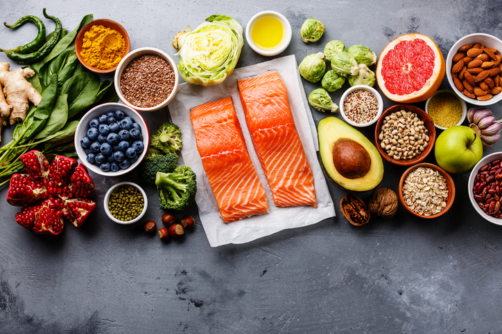 Salmon with other healthy foods.