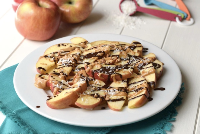 Dark Chocolate and Peanut Butter over apple slices. A fun summer snack. 