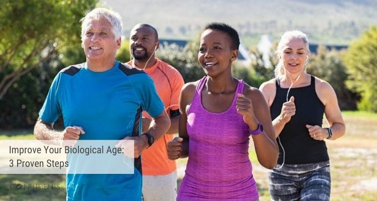 Four mature adults jogging.  A fantastic way to improve your biological age. 