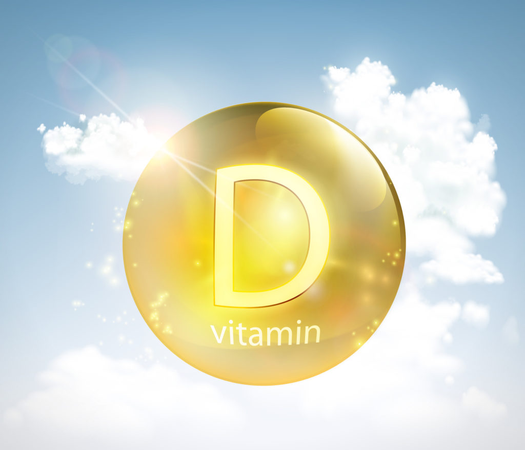 Pill vitamin D against the sky with the sun and clouds. Vector illustration.
