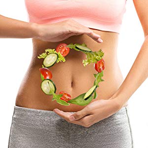 Woman with image of vegetables between her hands and in front of her abdomen. 