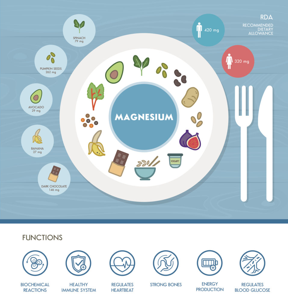 Magnesium mineral nutrition infographic with medical and food icons: diet, healthy food and wellbeing concept