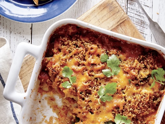 King Ranch Chicken and Quinoa in a baking dish. 