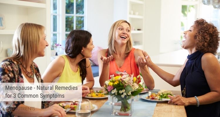 Menopause - Natural Remedies for 3 Common Symptoms Photo: Four women sitting at table with lunch and talking.