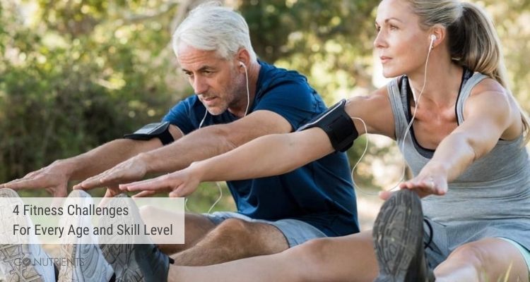 4 Fitness Challenges for Every Age and Skill Level - A senior man and younger woman stretching on the ground outside. 