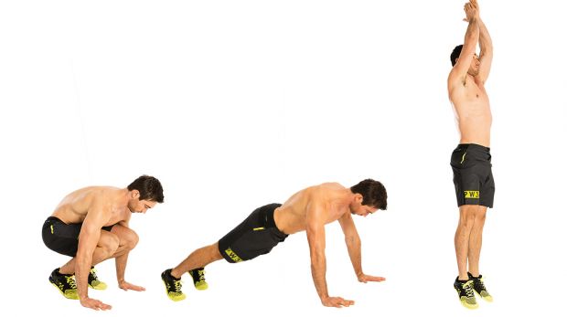 Burpee demonstration by a man. 