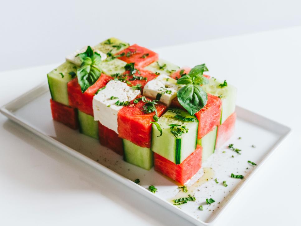 Cubed Watermelon, Cucumber and Feta Salad