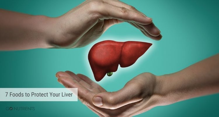 7 foods to protect your liver - Two hands facing palm to palm with a liver floating between them. 