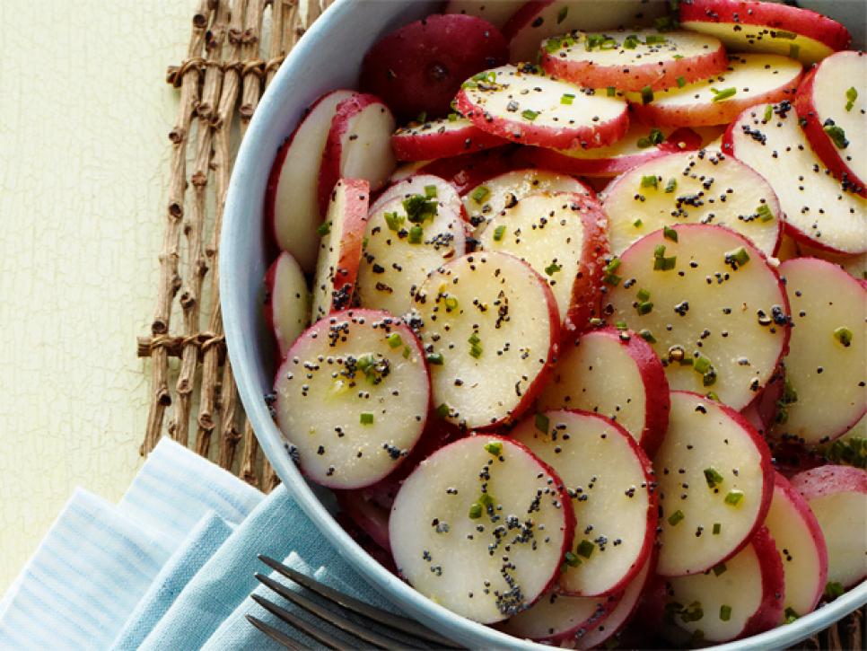 Poppy seed potato salad in a bowl