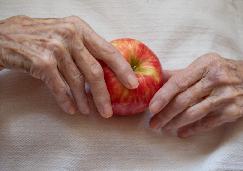 Elderly woman holding a ripe apple in her wrinkled hands with age spots