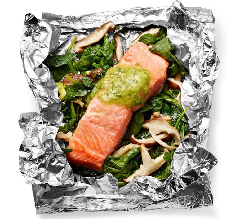 Foil-Packet Salmon Mushrooms and Spinach 