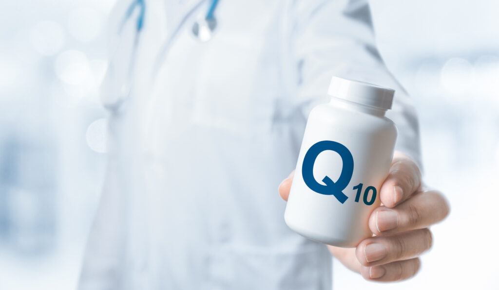 Q10, Coenzyme, COQ10 supplements for human health. Doctor recommends taking COQ10. Doctor gives vitamin Q10. Essential vitamins and minerals for humans. Coenzyme q10 Health Concept.