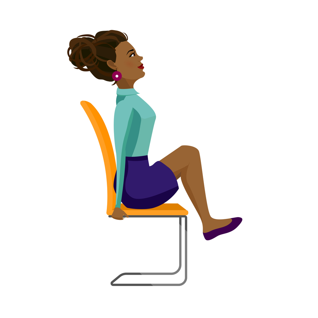 Pretty African American woman in business clothes is doing exercises for back on the office chair. Business woman in healthy strengthening legs pose. Vector illustration.